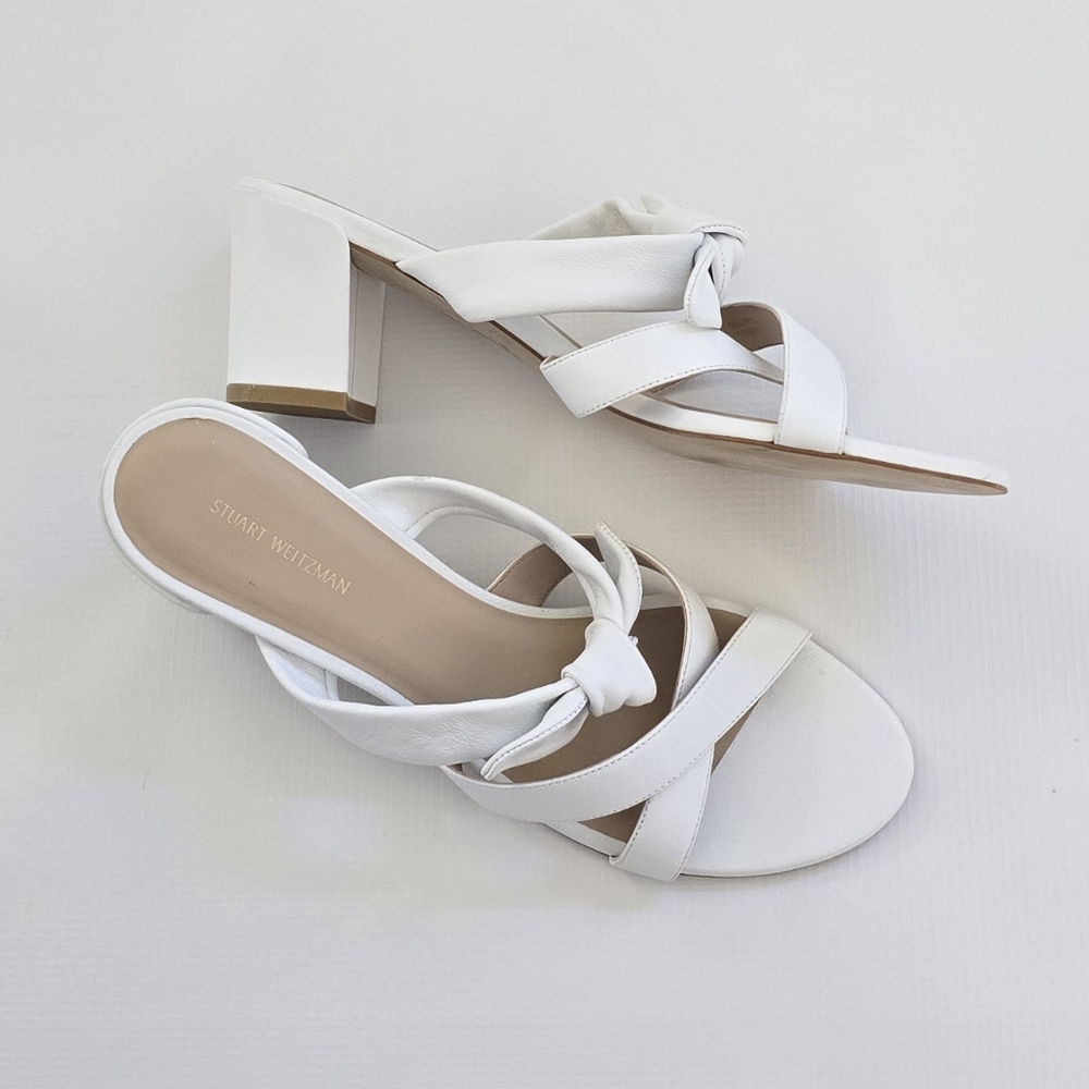 Stuart Weitzman | White Bandeau Bow Leather Sandals, Size 10